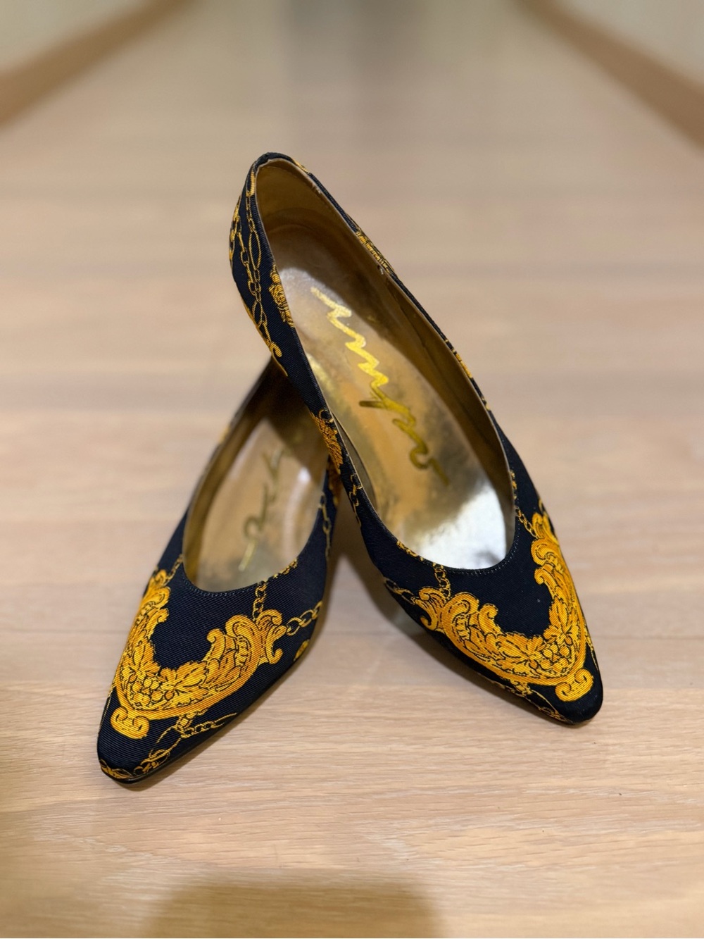 Impo Black and Gold Baroque Pointed Toe Flats